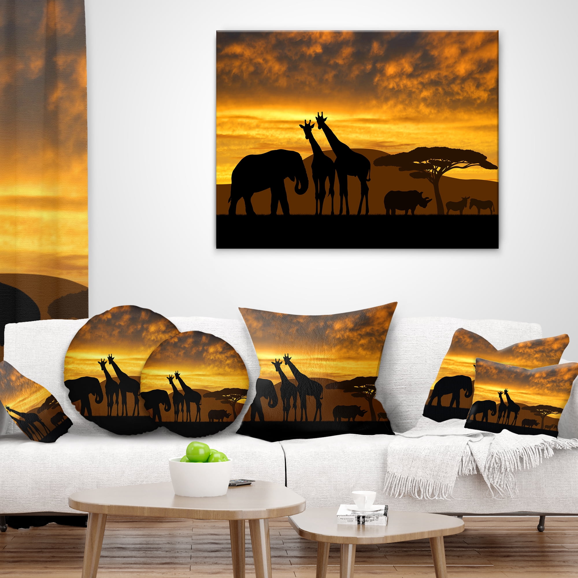 Designart Giraffes and Elephant and Rhino - African Throw Pillow - 12x20