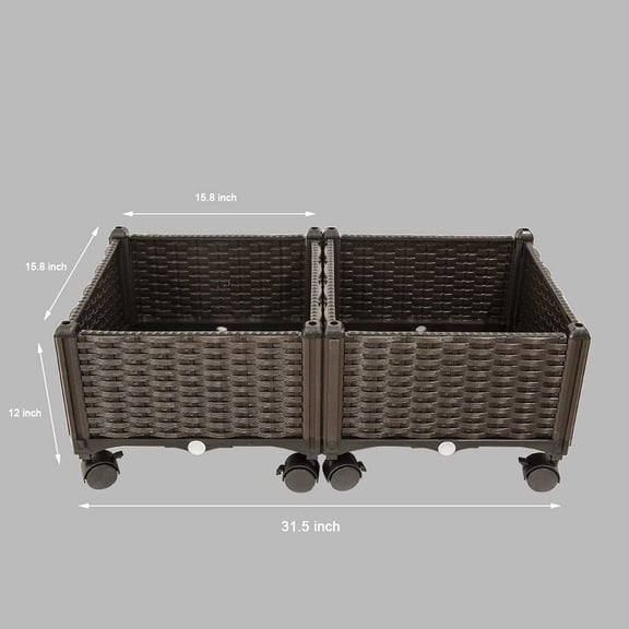 2 Pieces Rolling Garden Bed Brown Plastic w/Self-Watering Design Outdoor Elevated Planter Box Kit Wheels Mobile