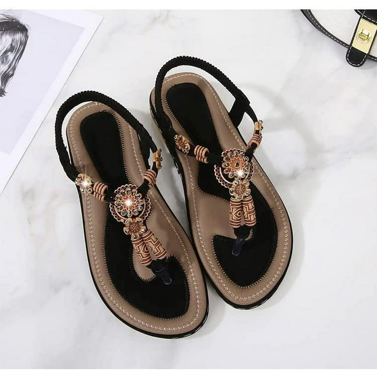 Women's Summer Sandals Bohemian Wood Beads Woven Large Size Flat