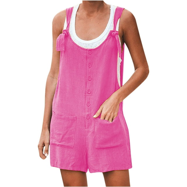 TopLLC Women's Summer Casual Rompers Sleeveless Loose Spaghetti Strap Short Jumpsuits Overalls Solid Button Bodysuit Playsuit With Pockets