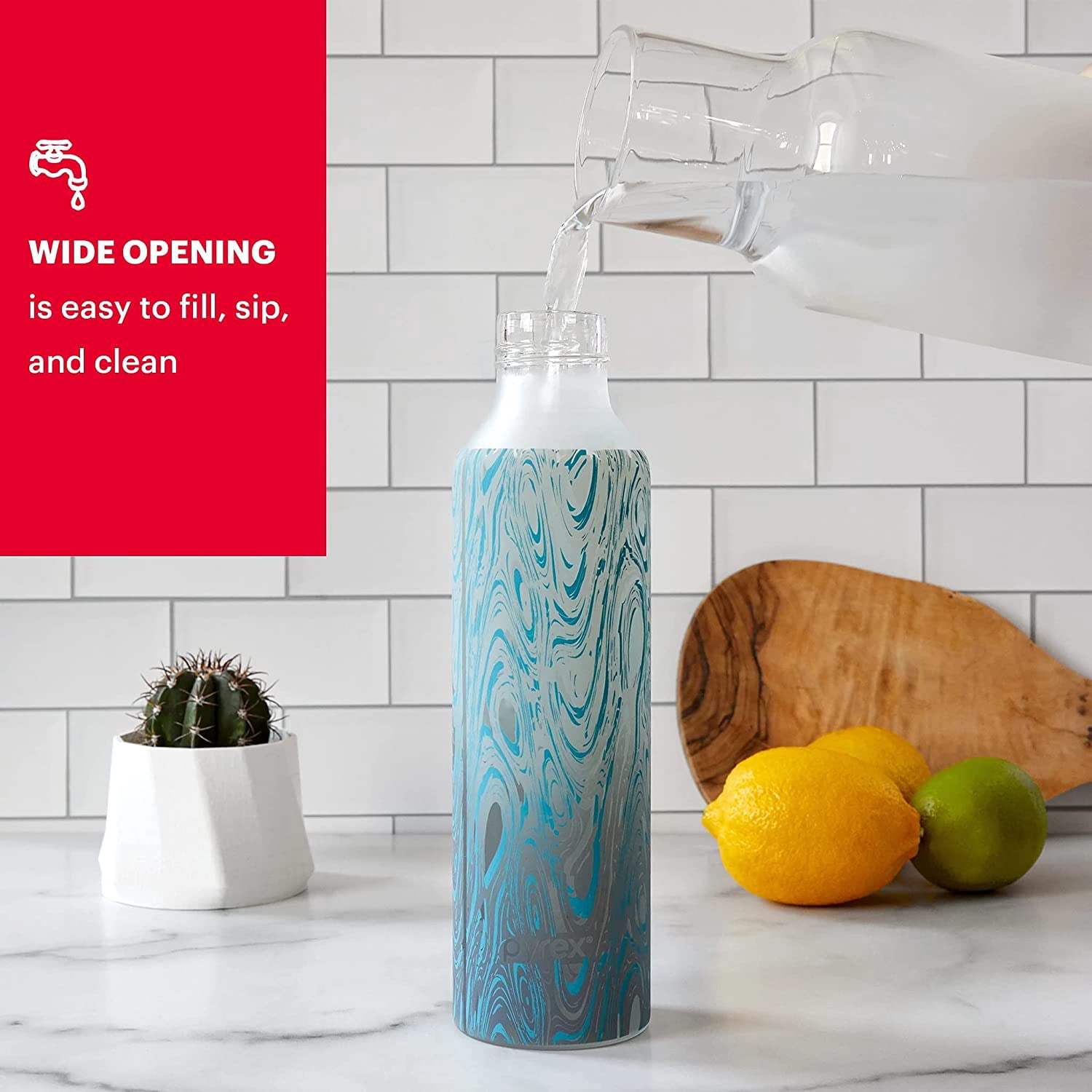 Pyrex Color Changing Glass Water Bottle with Silicone Coating, Blur Tie Dye, 17.5 Ounces