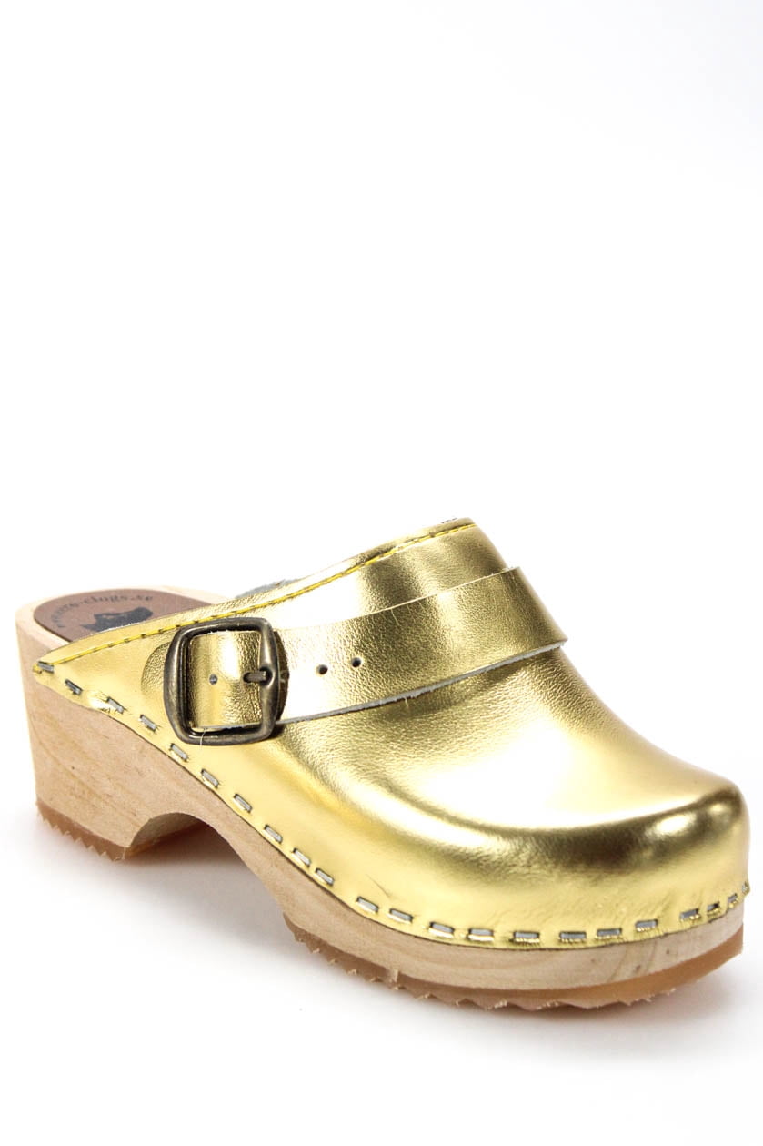 gold clogs metallic