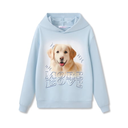 Serdomi Girls Hoodie Cute Brown Dog Sweatshirts -Soft Blue Long Sleeve Pullover Shirt Size 7/8