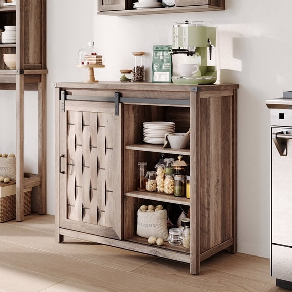 Farmhouse Coffee Bar Cabinet with Sliding Barn Door and Adjustable Shelves Light Brown