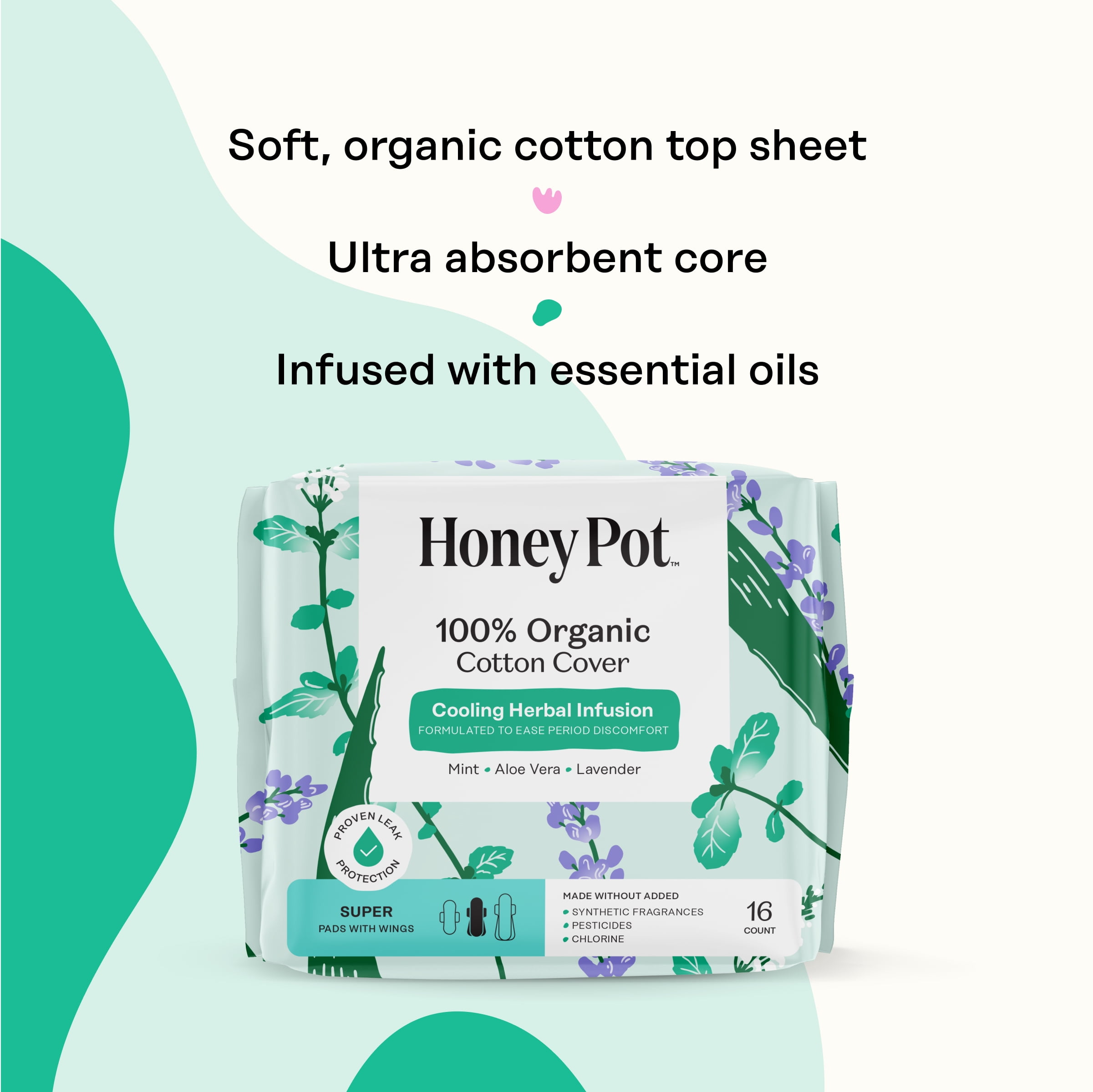 The Honey Pot Company, Herbal Super Pads with Wings, Organic Cotton Cover, 16 ct.