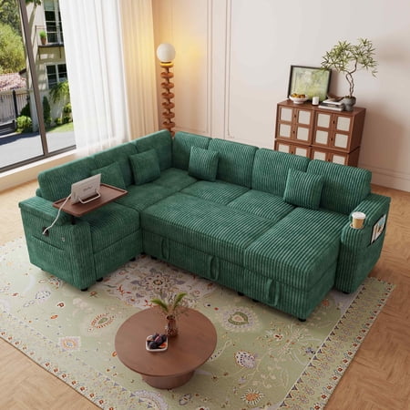 FFH 100" Modular Sectional Sofa with Pull Out Bed, Large Storage, USB Ports, Table Board, Modern Sleeper Couch Bed for Living Room, Green