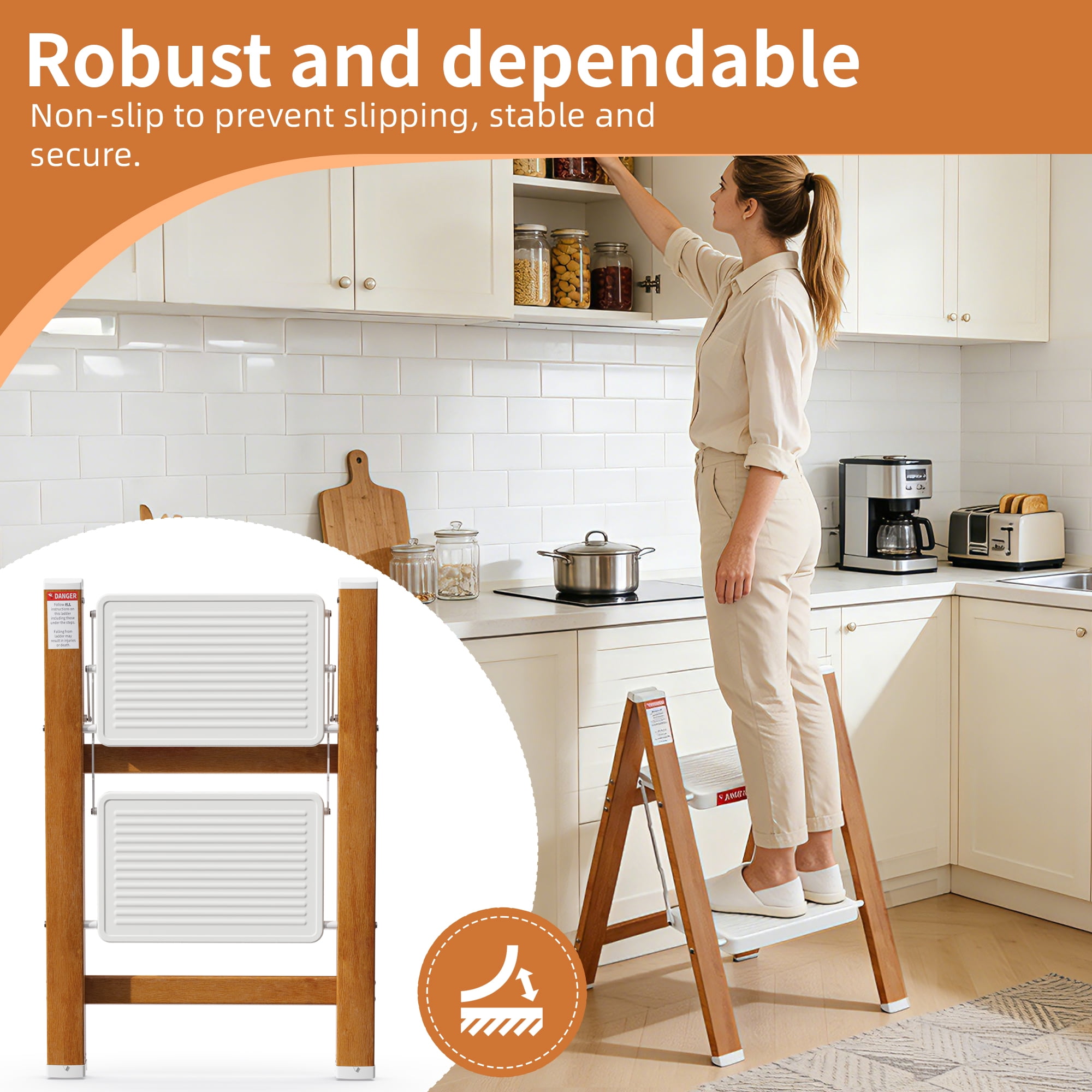 Asopheer 2 Step Ladder, Lightweight Folding Step Stool with Extra-Wide Anti-Slip Steps, 330 lbs Capacity, Compact Space-Saving Design for Closet, Kitchen, White