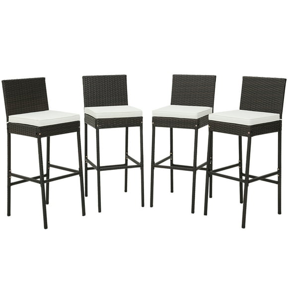 Costway 4 PCS Patio Wicker Barstools Bar Height Chairs with Cushions Backyard Off White