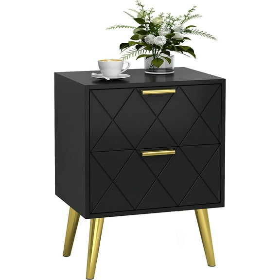 Nightstand with 2 Drawers Black Bedside Table, Side Table with Gold Legs, Modern Style Night Stand End Table Drawer Dresser for Living Room Bedroom MLBZ09BV