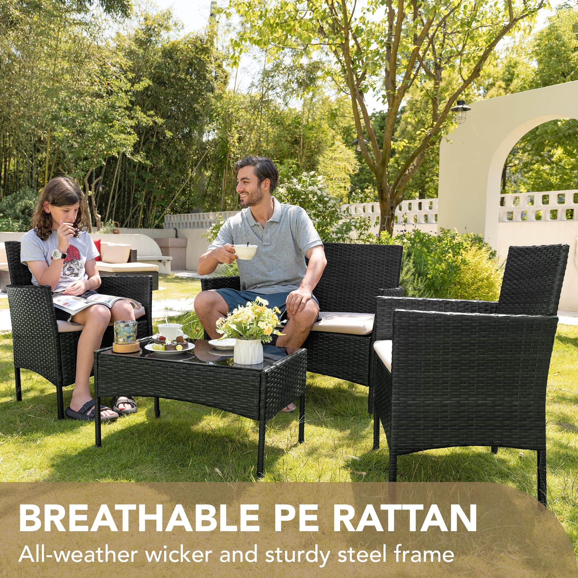 Aukfa 4 Pieces Patio Porch Furniture Sets PE Rattan Wicker Chairs Beige Cushion with Table for Outdoor Garden