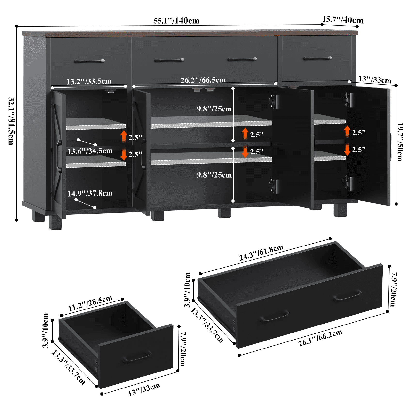 HAUXITIO Farmhouse Buffet Cabinet with 4 Barn Doors and 3 Drawers,Coffee Bar Sideboard for Kitchen & Dining Room,Black+Brown