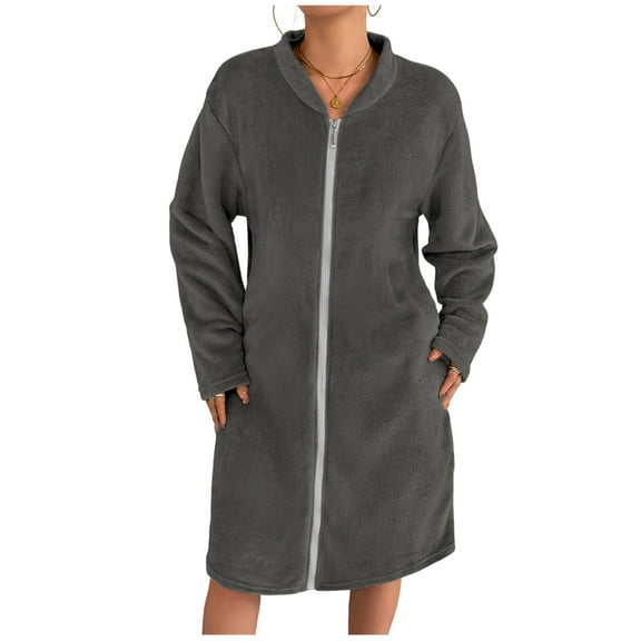 Gytharion Knee-Length Hooded Robes for Women Soft Comfy Flannel Fleece Bathrobe Solid Casual Full Zip Fuzzy Spa Robe Loose Warm Long Sleeve Plush House Coat