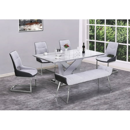 Best Quality Furniture 6pc Dining Set with Bench & Faux Marble Table