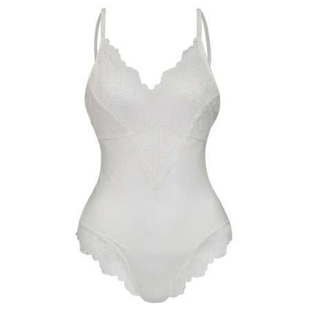 Quealent Lingerie For Women Naughty Play Women Lingerie V Neck Nightwear Satin Sleepwear Lace Chemise Mini Teddy White XL