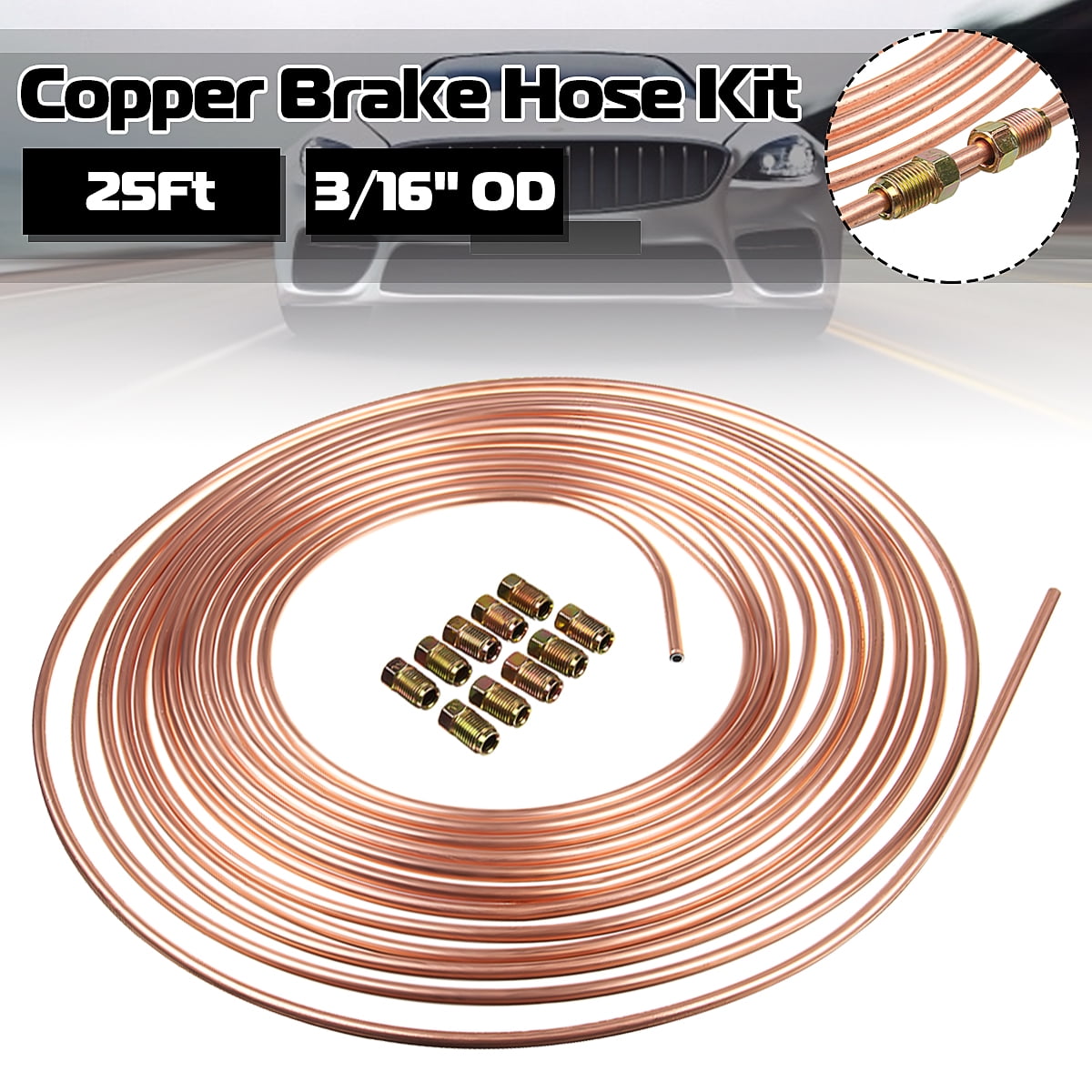 25ft 3/16 OD Coil Roll Copper Nickel Brake Line Kit & 20 Nuts & 2