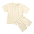 thumbnail image 2 of YUGYXL Toddler kids Summer Outfits Solid Color Cotton 2 Piece Sets Casual Loose Round Neck Short Sleeve Tshirt Match Soft Comfy Shorts March Gift for Toddler Beige,8-9 Years, 2 of 9