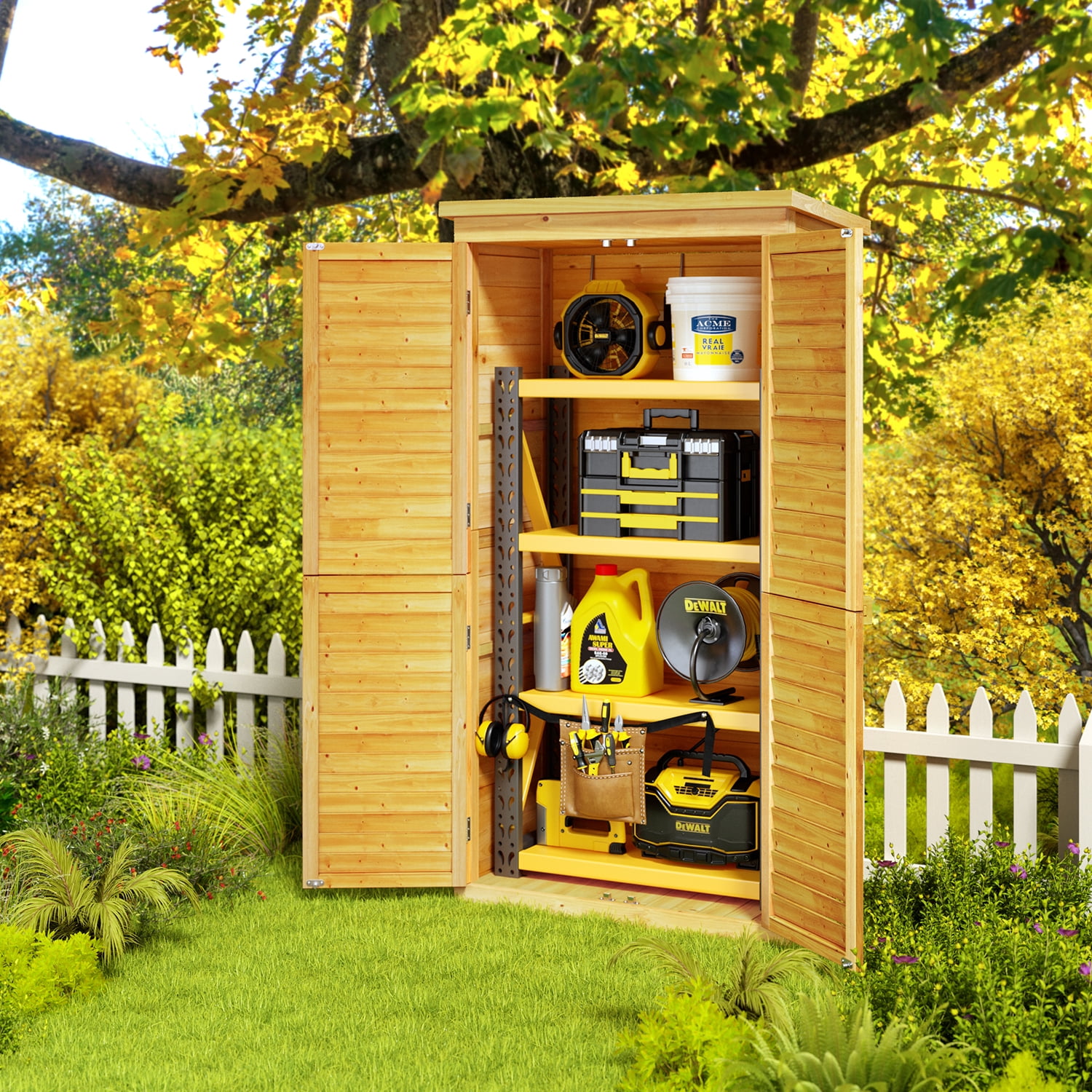 Asofer Wooden Outdoor Storage Shed, Waterproof Sloping Roof, Adjustable Shelves & Lockable Door, Natural