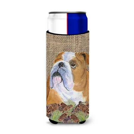 

Caroline s Treasures SS4082MUK Bulldog English on Faux Burlap with Pine Cones Ultra Hugger for slim cans Slim Can