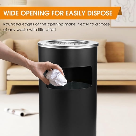 Outdoor Trash Can with Lid, Stainless Steel Garbage Can Commercial Black Metal Round Waste Bin with Removable Inner Barrel for Hotel Garden 11.8" x 24"