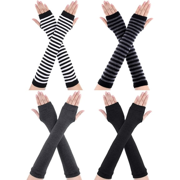 Lsupdaol 4 Pairs Punk Gothic Long Fingerless Gloves Knitted Arm Warmer Elbow Length Thumb Hole Gloves