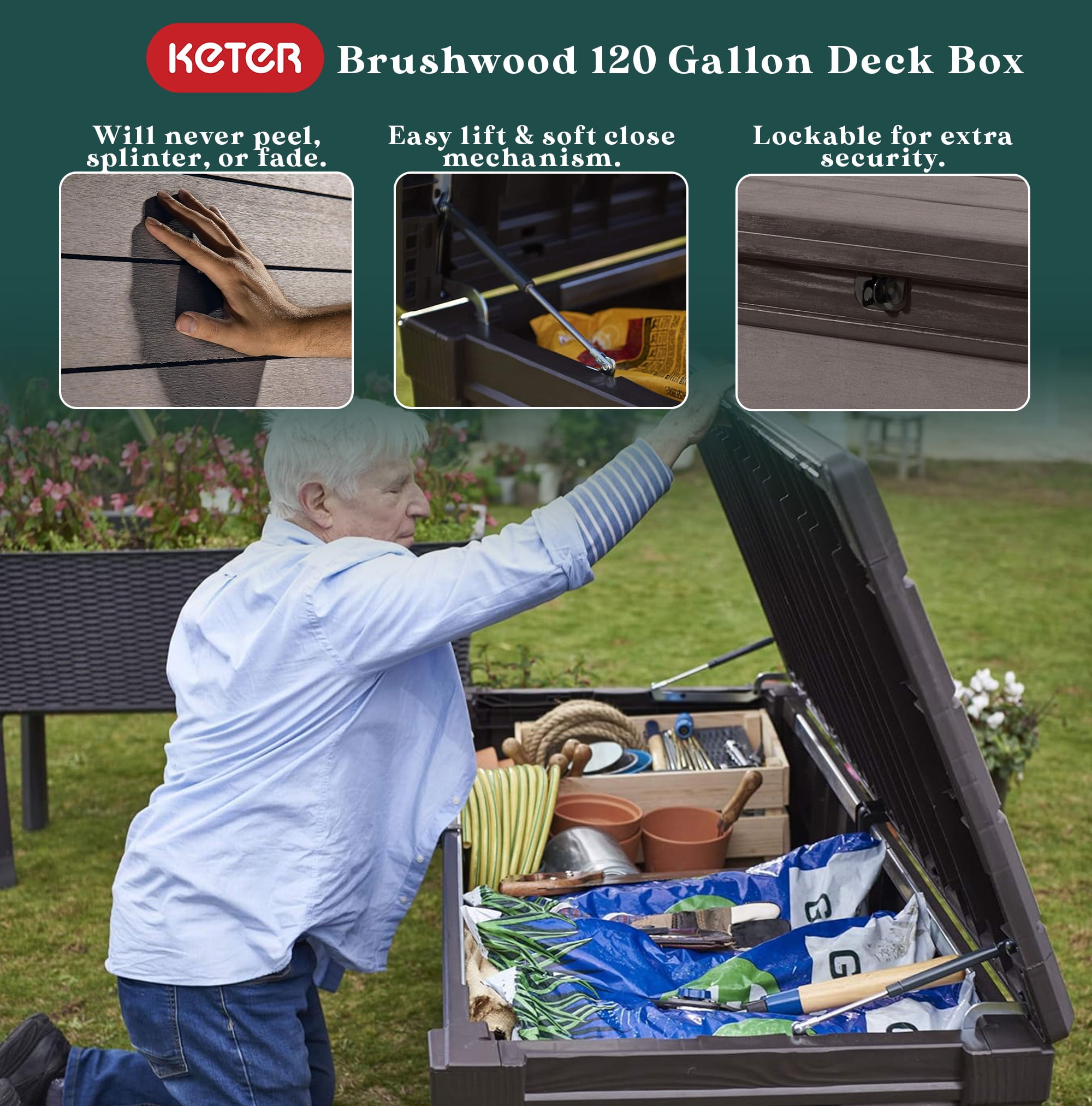 Keter Brushwood 120 Gallon Resin Outdoor Deck Box for Yard Tools, Brown