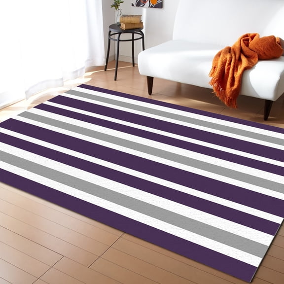 Area Rug 4'x6' Dark Purple Gray White Stripe Washable Area Rugs Non Shedding Floor Carpet Rubber Backing Non-Slip Indoor Mats for Living Room Bedroom Kitchen