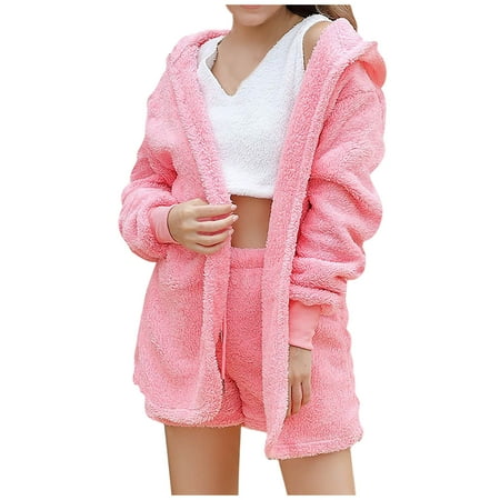 

Long Sleeve Tops for Women Womens American Winter Plain Color Plush Homewear Trendy 3 Piece Pajamas Long Sleeve Hooded Crop Vest Shorts Set Black Long Sleeve Shirt Women Clearance Pink 3XL