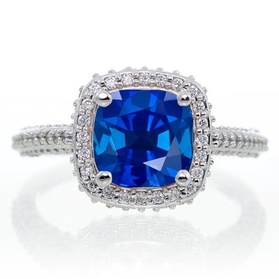 1.5 Carat Cushion Cut Designer Blue Sapphire And Diamond Moissanite Halo Engagement Ring On 10K White Gold, Promise Ring, Anniversary Ring