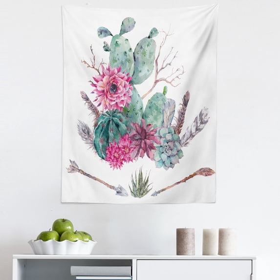 Cactus Tapestry, Exotic Natural Vintage Style Watercolor Bouquet Bohemian Arizona Vegetation, Fabric Wall Hanging Decor for Bedroom Living Room Dorm, 5 Sizes, Green Pink Brown, by Ambesonne