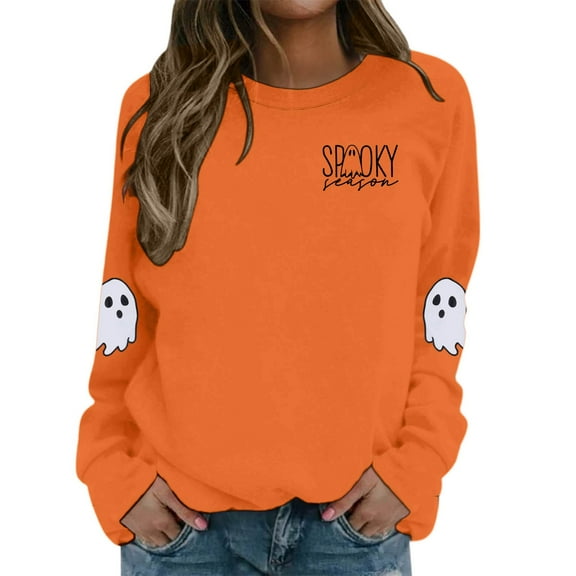 Spooky Season Halloween Sweatshirts for Women 2025 Cute Ghost Graphic Long Sleeve Crewneck Sweatshirt Pullover Tops