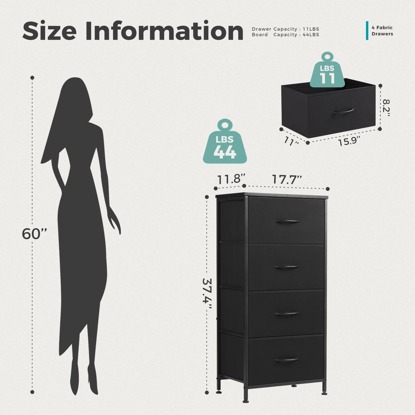 CONCETTA 4 Drawer Dresser for Bedroom, Tall Chest Organizer with Fabric Bins, Steel Frame, Black