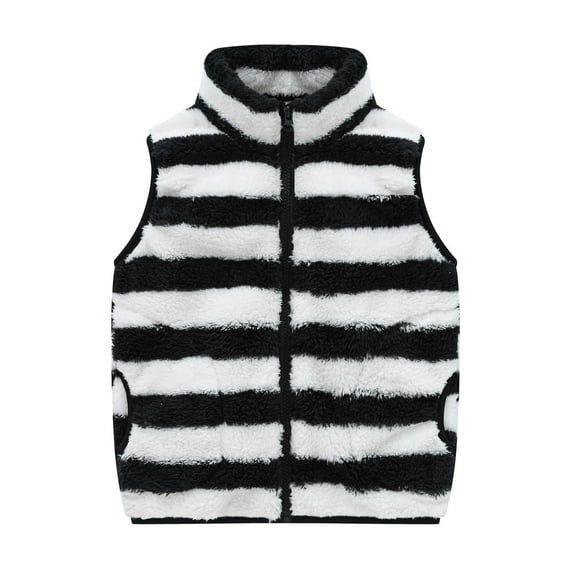 Hjtefg Kids Sleeveless Stripe Vest, Zip Up Coat with Stand Collar and Pockets, Fall Winter Warm Outerwear for Boys and Girls, Soft Textured Layer Piece,Color: 1-Black Size: 4-5 Years