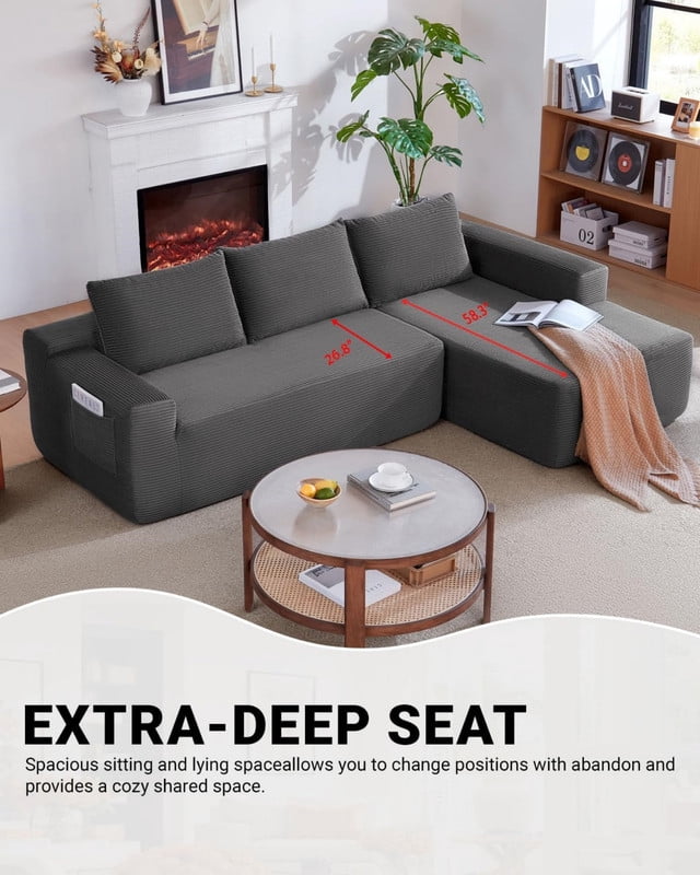 96.9'' Sectional Couches for Living Room, L Shaped Couch with Deep Seat & Throw Pillow, Comfy Corduroy Fabric Compressed Sofa, No Assembly Required