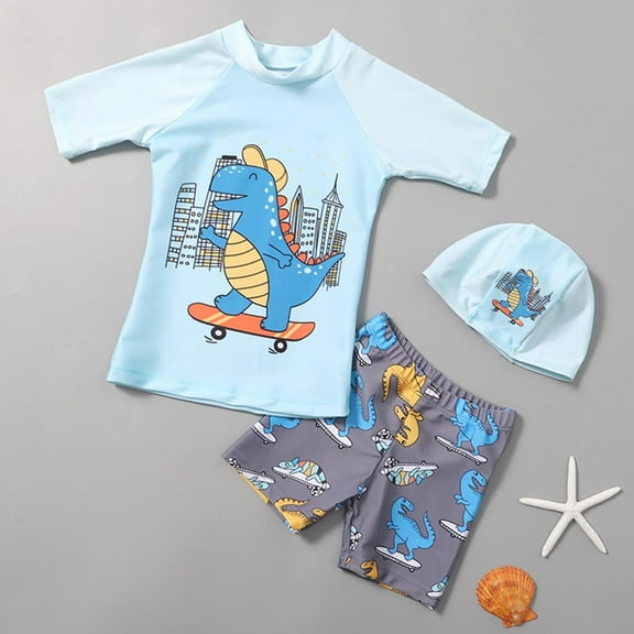 ATOGUTA Boys Two Pieces Swimsuit Set Short Sleeve Kids Rash Guard Boys Bathing Suit with Sun Cap Blue, Size 1T-8