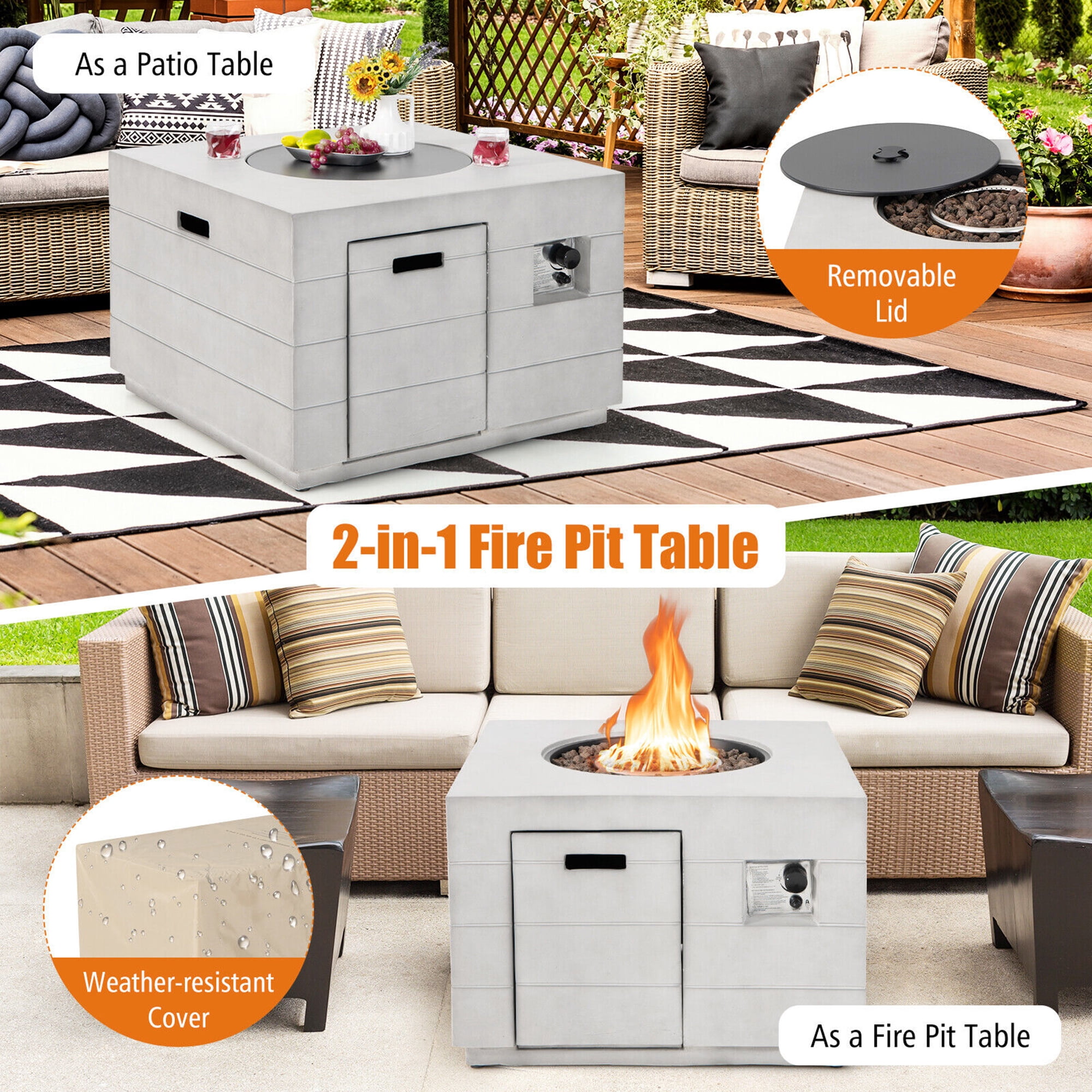 Gymax 34'' Square Concrete Propane Fire Pit Table w/ Lava Rocks Rain Cover 50,000 BTU