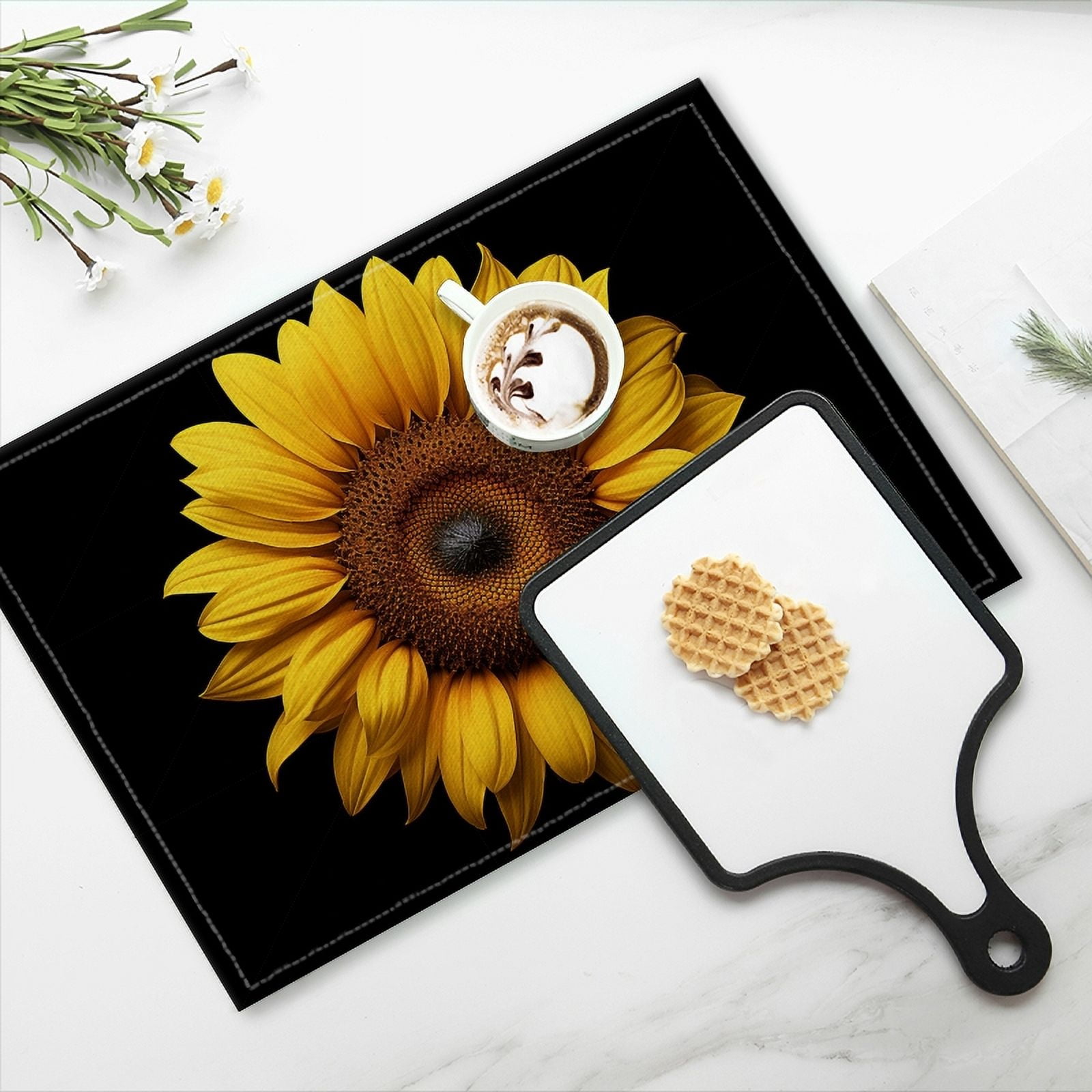 BaHomeck placemats Set of 4 rectangle Linen Cotton Placemats for Dining Table Washable Heat Resistant,18*12inch,Beautiful Sunflower Isolated On Black Background