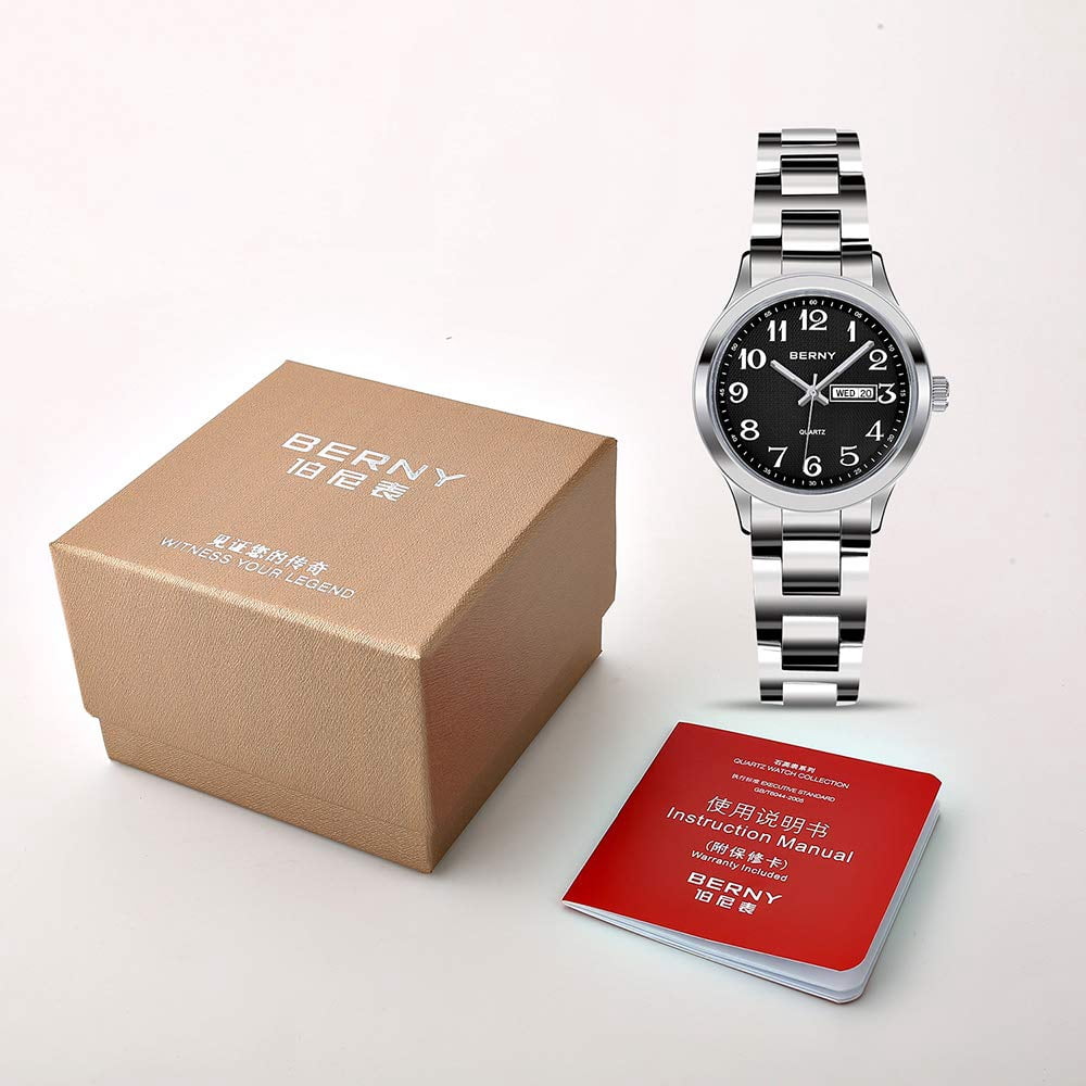 BERNY Silver Watch for Women, Fashion Easy to Read Ladies Analog Quartz Wrist Watch with Day & Date Calendar, Luminous, Stainless Steel, Waterproof, Business Dress Women's Watches (Black)