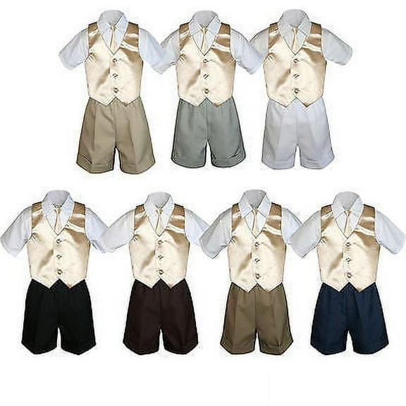 4pc Set Boy Toddler Formal Champagne Vest and Necktie Black Khaki Shorts S-4T