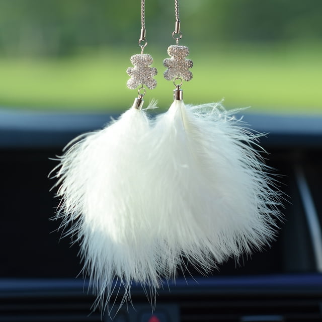 Accesorios para espejos retrovisores, accesorios colgantes para espejos retrovisores de autos brillantes, dijes de plumas blancas con corazón de amor de diamantes Sincero Hogar