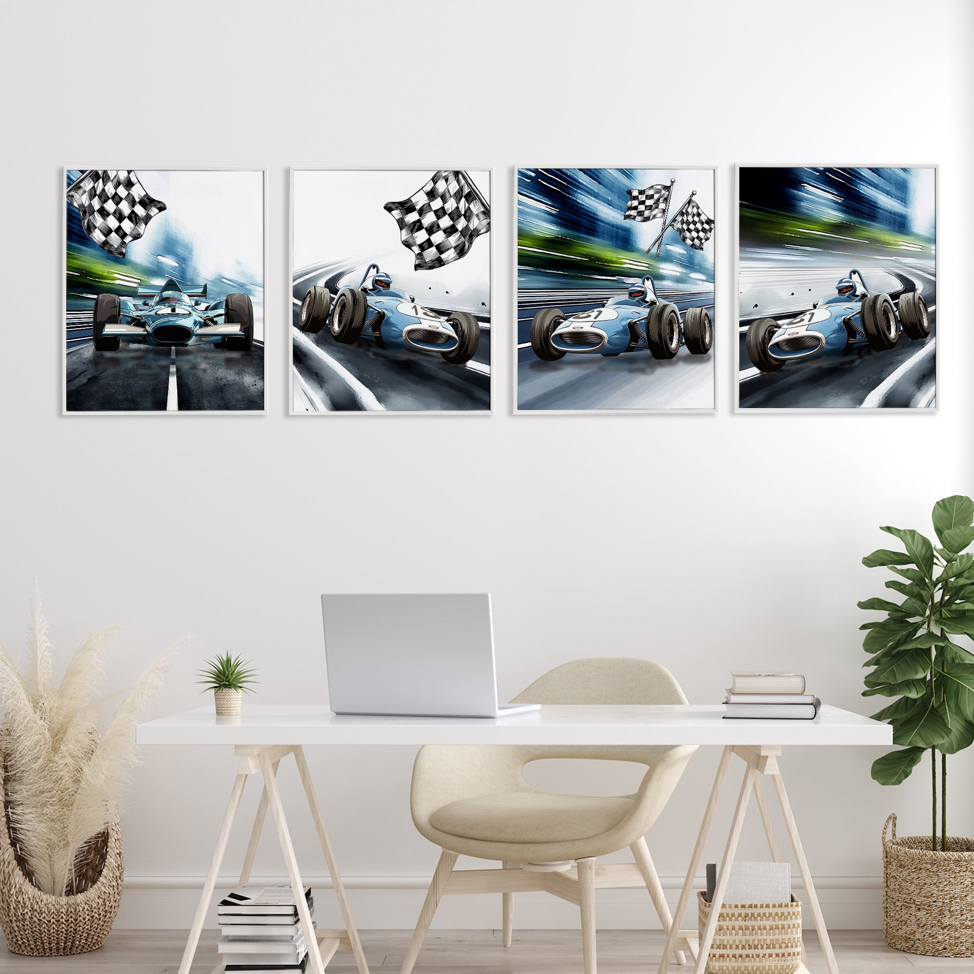 Stupell Industries Ready Set Racecars 4 Piece White Framed Giclee Art Set, design by Christine Simpson Art