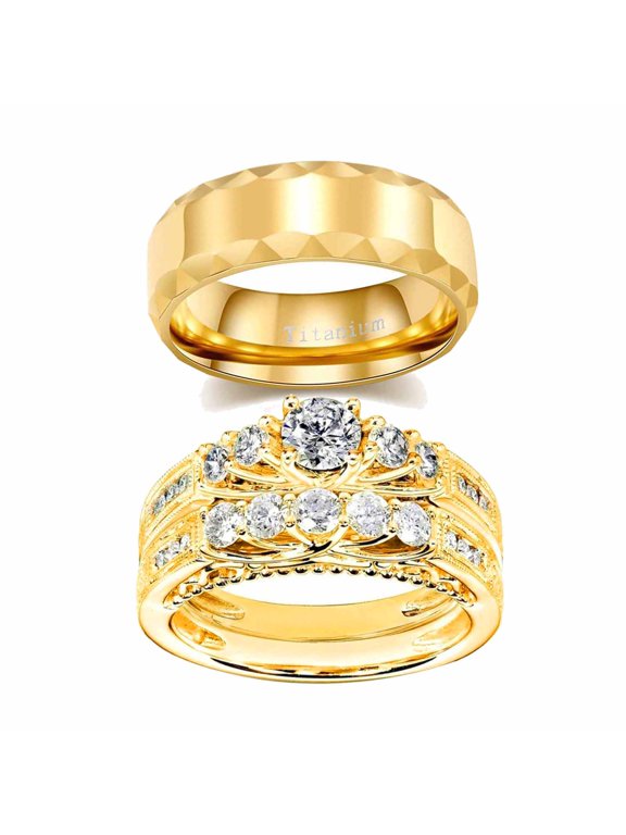 His and Hers Wedding Ring Sets Couples Rings Yellow Gold Plated Heart White Cz Titanium band