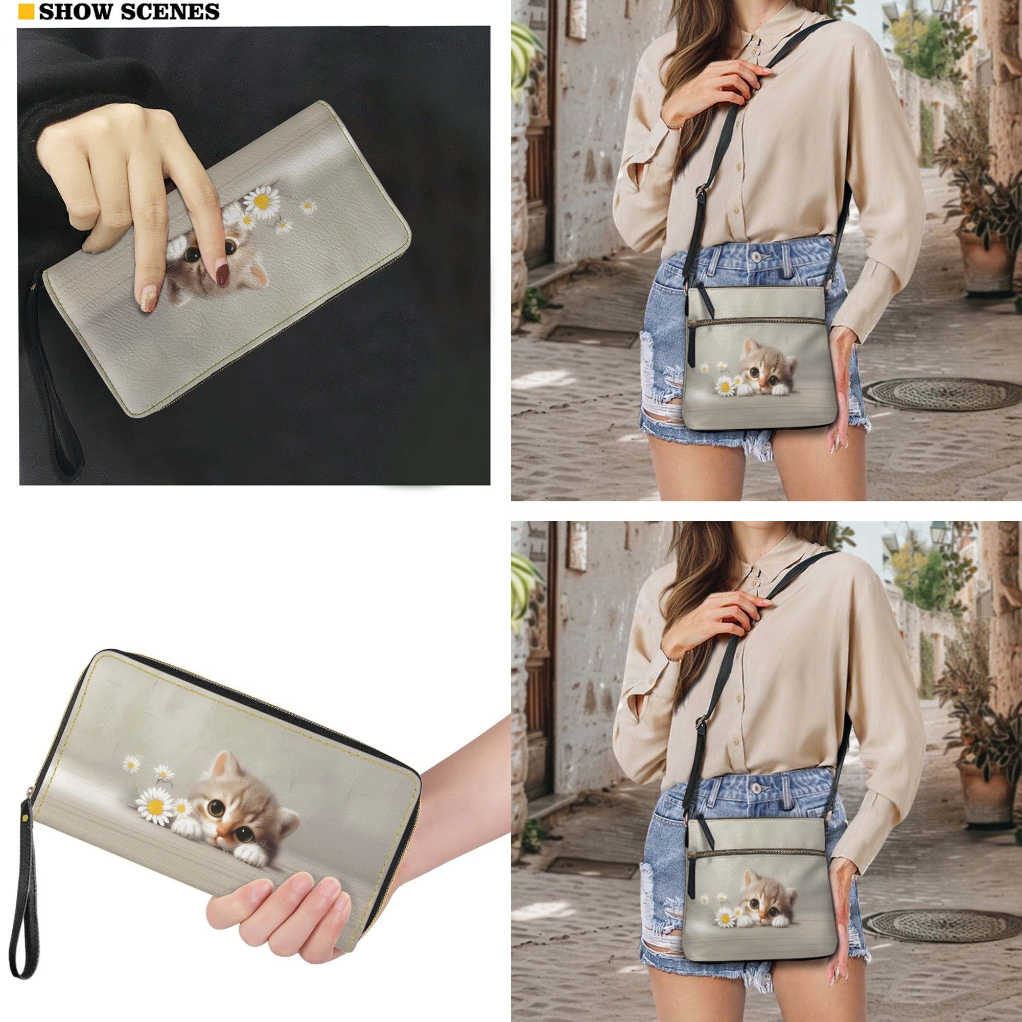 ZUXONGSY Cat Daisy Flower Print PU Leather Crossbody Hobo Bag & Wallet Set for Women, Spacious Satchel with Adjustable Strap for Work & Travel