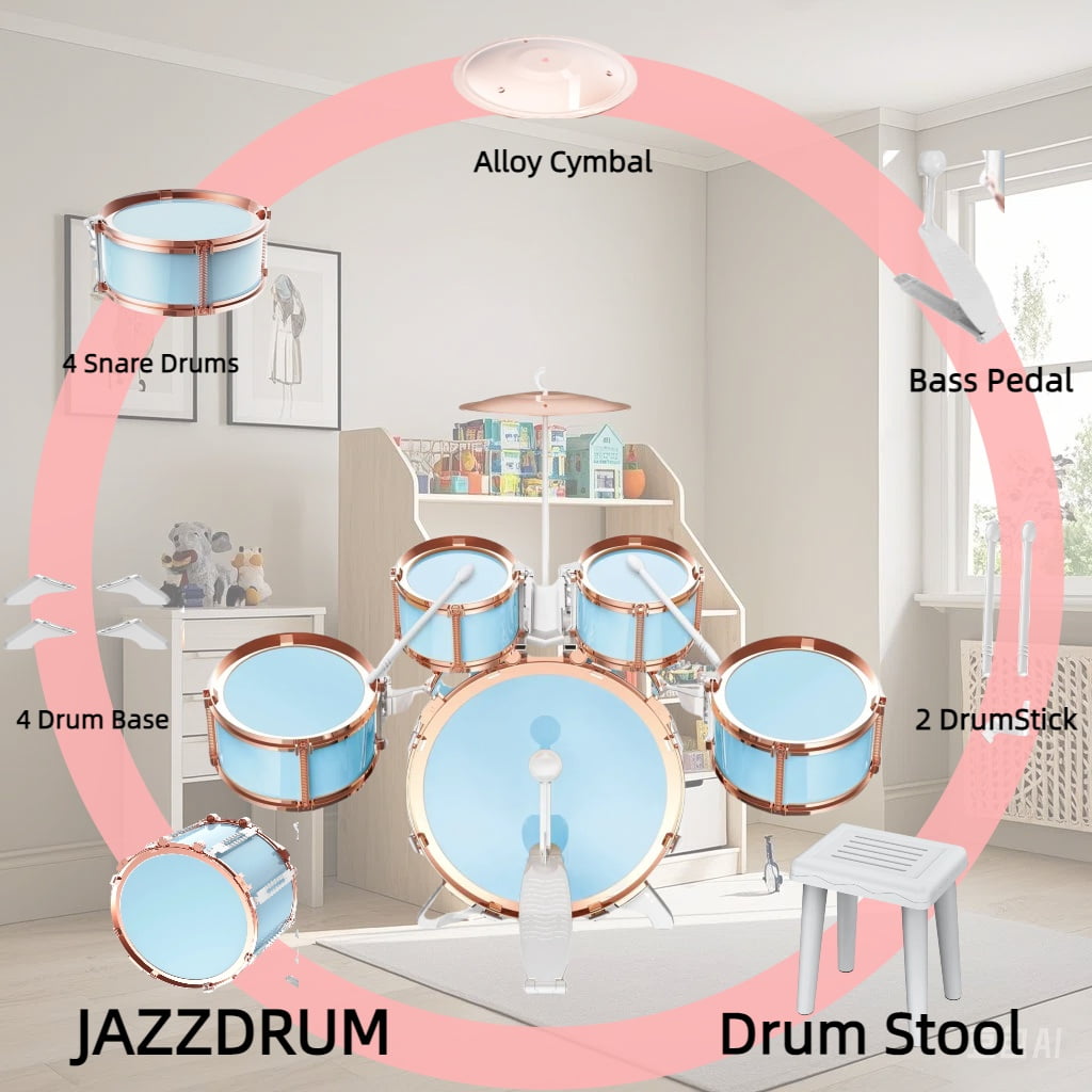 Felizhus kids drum set with stool and pedal - beginner jazz drum kit for boys and girls ages 3-8 - musical toy for birthday, christmas or children's day