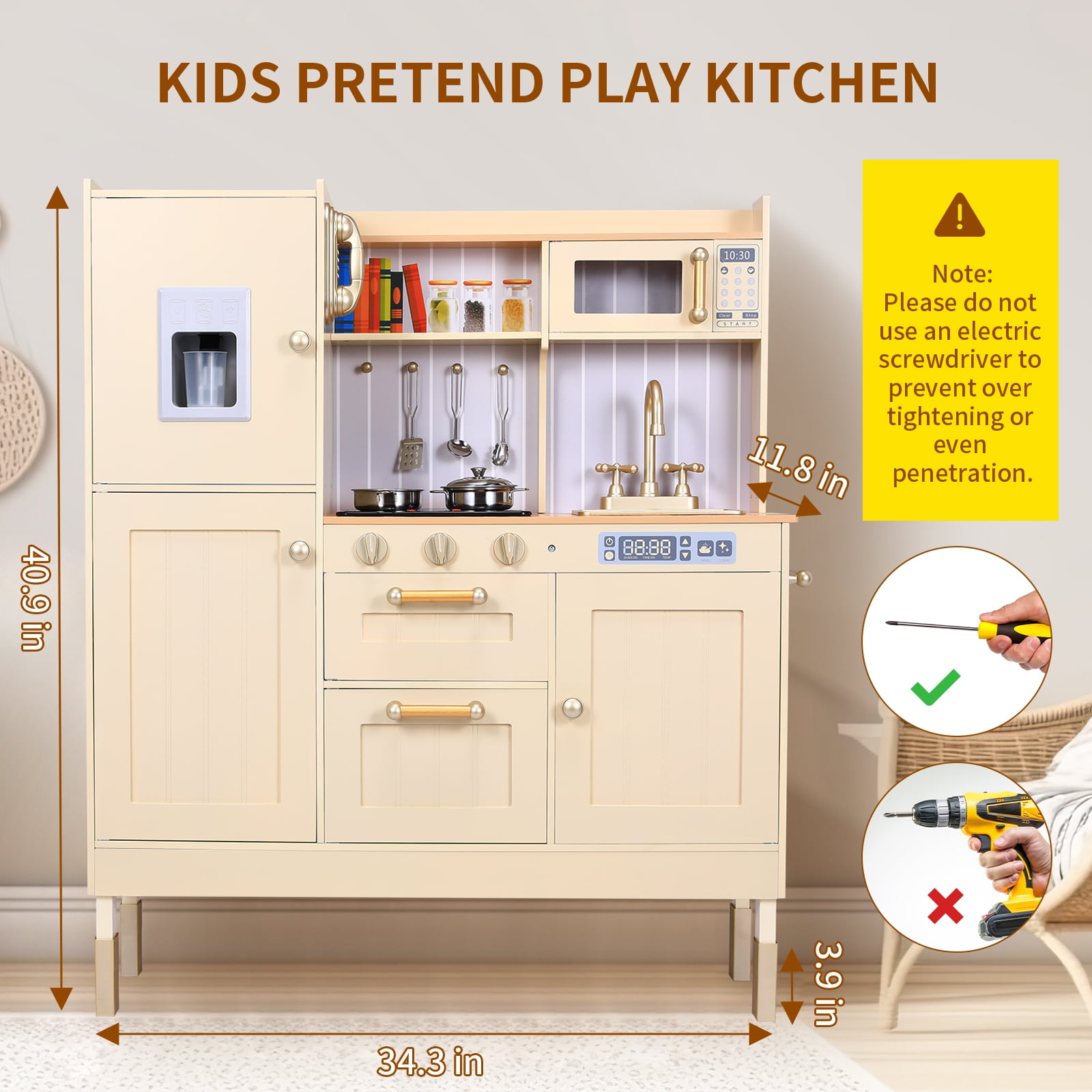 Arlopu Kids Play Kitchen, Ultimate Interactive Wooden Pretend Kitchen Playset with Telephone, Utensils, Oven, Sink, Gift for Boys Girls
