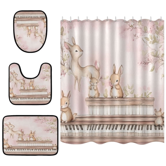 Bunny Piano Play 4 Piece Bathroom Set Waterproof Bath Curtain Anti-Slip Mats and Toilet Pad Practical and Affordable 66x72in Curtain