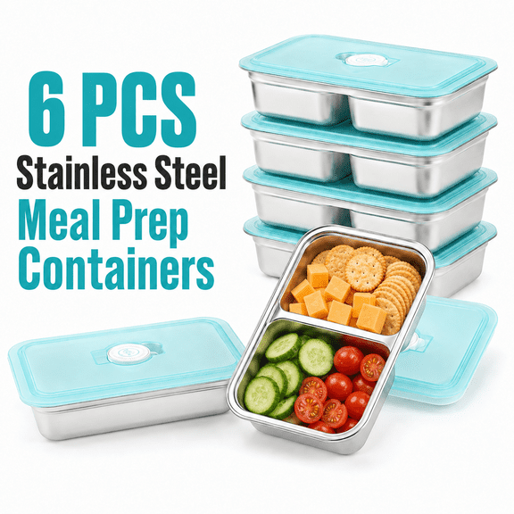 VALUNE 6-Pack Stainless Steel Dual Compartment Snack Containers with Lids, Reusable Bento Boxes for Travel, Camping and Lunch Prep