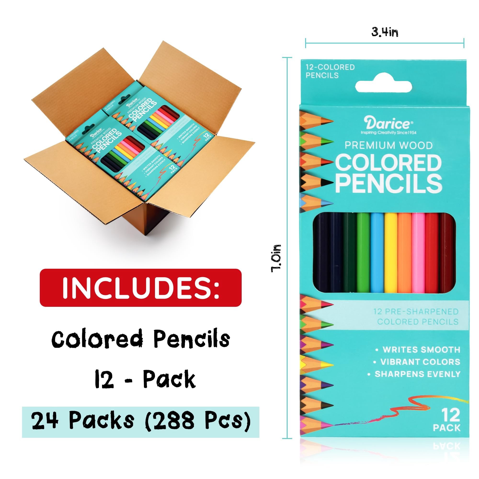 Darice Colored Pencils Bulk, 24 Packs 288 Count 12 Colors, Pre-Sharpened Kid Coloring Book Pencils Set, Arts & Crafts School Supplies for Kids