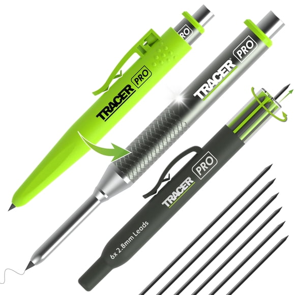 Tracer Pro Aluminum Deep Hole Construction Pencil - Durable Mechanical Carpenter Pencils Set with Sharpener & 6 Replacement Leads Holster Woodworking