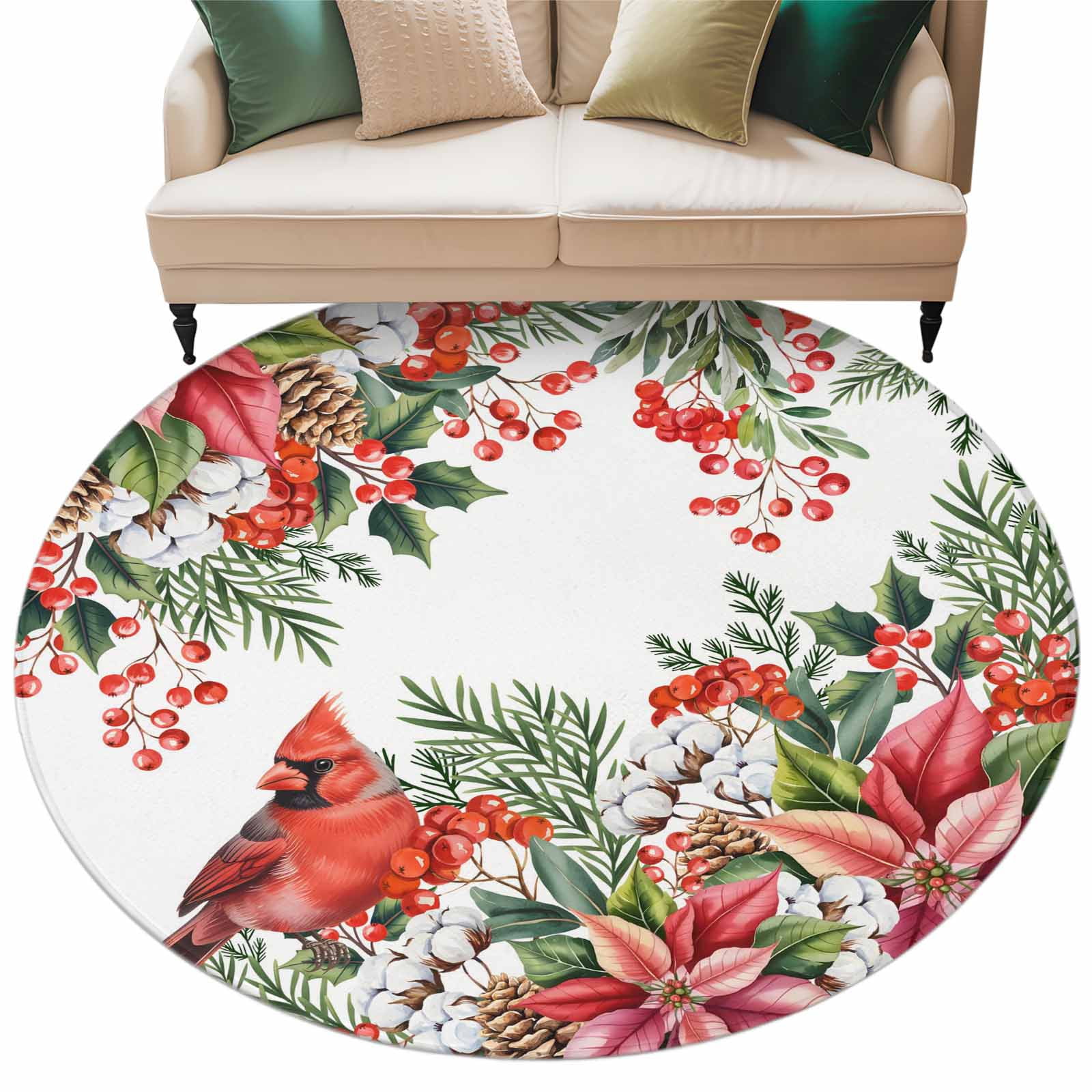 Round Rug 5ft Area Rug Winter Red Cardinal Poinsettia Berry Area Rugs for Living Room Bedroom Christmas Botanical Bird Floor Mat Non-Slip Non-Shedding Carpet Indoor Accent Rugs