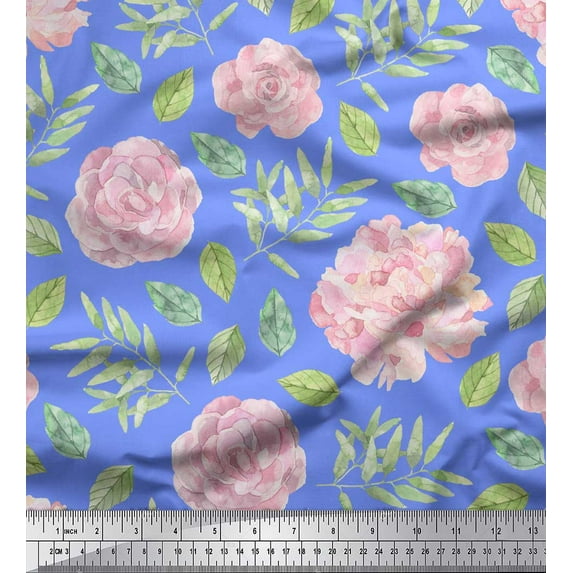 Soimoi Blue Viscose Chiffon Fabric Leaves & Flower Floral Print Fabric by the Yard 42 Inch Wide